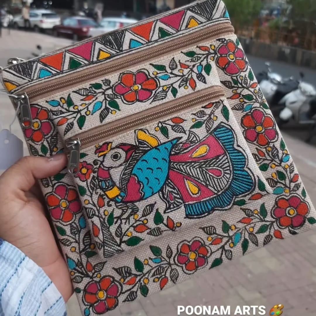 Madhubani Peacock Art Jute Sling Bag