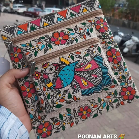 Madhubani Peacock Art Jute Sling Bag