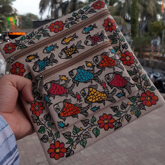 Madhubani Fish Art Jute Sling Bag